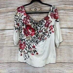 2/$15 WHBM White, Red, Black Floral Off Shoulder Blouse